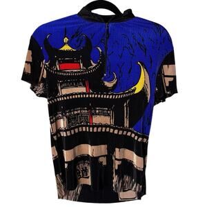 Jamie Sadock Pagoda Graphic Zip Top Size M Y2K Art Print Ribbed Stretch Shirt
